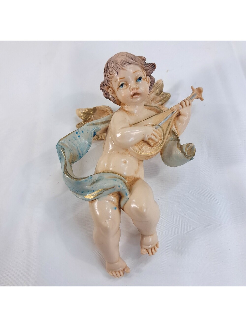 Vintage FONTANINI Depose Italy Cherub Angel Christmas Ornament Mandolin blue